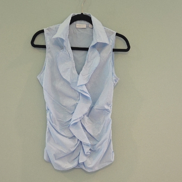 New York & Company Stretch Light Blue Ruched Ruffled Blouse Size Small - Picture 1 of 10